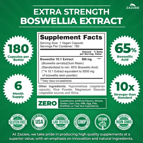 Miniatura 3 de Zazzee Extracto de Boswellia Serrata 10:1 extra fuerte, 5000 mg de fuerza, 65% ácido boswélico, 180 cápsulas veganas, suministro de 6 meses