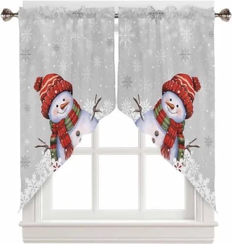 Miniatura 20 de BEMIGO Cortinas de cocina de Navidad, lindas cortinas de granja con muñeco de nieve azul, cenefa con bolsillo para barra de copos de nieve