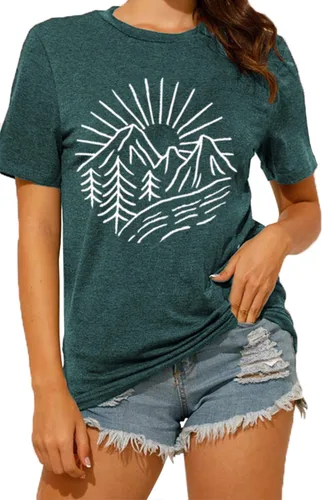 Miniatura 14 de Camisetas sin mangas de senderismo y montaña para mujer, divertidas camisetas de entrenamiento con gráficos de pino y amanecer, camisetas de verano