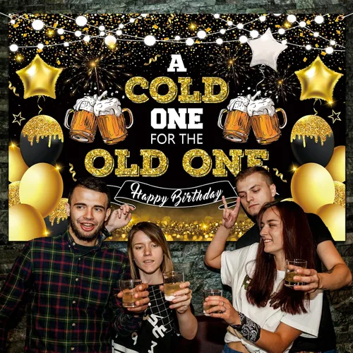 Miniatura 6 de Decoraciones de fiesta de cerveza, telón de fondo de feliz cumpleaños negro y dorado para hombres, un frío para el anciano, pancarta de fondo