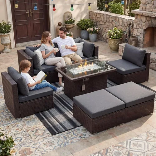 Miniatura 81 de NICESOUL Juego de muebles de patio para exteriores de 7 piezas con mesa para hoguera, gas natural y propano convertible, respaldo alto de 29.3