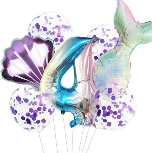 Miniatura 16 de 7 globos de sirena con números para fiesta de cumpleaños de 1, 2, 3, suministros de decoración de cola de sirena para niñas (número 0)
