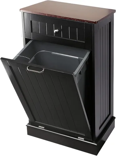 TOLEAD - Gabinete de basura extraíble, isla de cocina estilo antiguo con tablero de perlas, superficie de madera maciza y cajón, bote de basura a