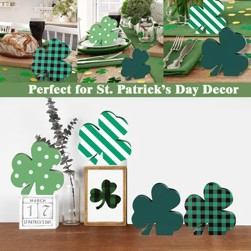 Miniatura 6 de Jetec 4 piezas de decoración de trébol de madera del día de San Patricio, decoración de bandeja escalonada del día de San Patricio, trébol verde