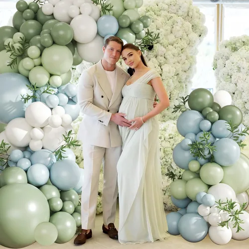 Miniatura 6 de Kit de arco de globos verde salvia azul pastel, 124 piezas de globos macarón amarillo blanco verde para decoraciones de cumpleaños de ganso, género