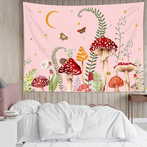 Miniatura 47 de LB Tapiz de hongos para colgar en la pared, luna y estrella en beige, tapiz de pared para dormitorio, estética de planta verde, arte de pared