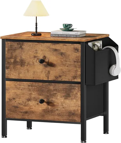 Miniatura 13 de BOLUO Mesita de noche negra cómoda de 2 cajones para dormitorio, mesita de noche pequeña mesa auxiliar con cajones de tela, moderna