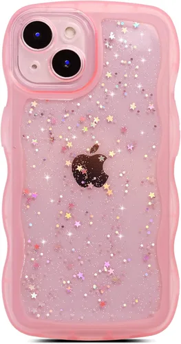 Miniatura 40 de Qokey Funda para iPhone 12 Pro Max de 6.7 pulgadas, diseño de onda rizada, borde transparente, brillante con purpurina, estrella brillante, bonita