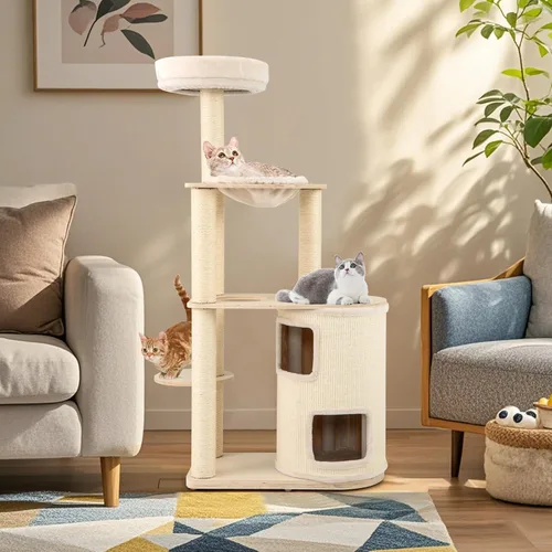 Miniatura 9 de Tangkula Torre de árbol para gatos, torre de madera moderna de varios niveles para gatos de 60 pulgadas con condominio de 2 pisos, postes rascadores