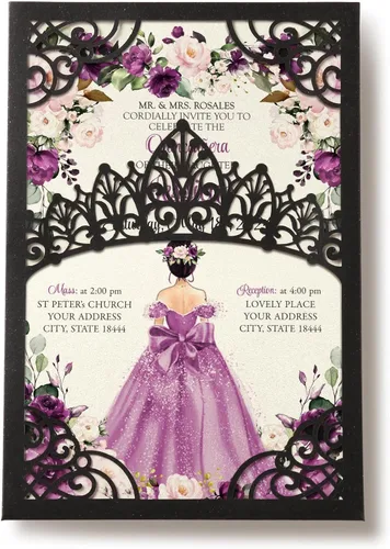 Miniatura 19 de 50 invitaciones de quinceañera con corona negra perlada cortada con láser Invitaciones de cumpleaños florales burdeos para Sweet 16/Miss XV