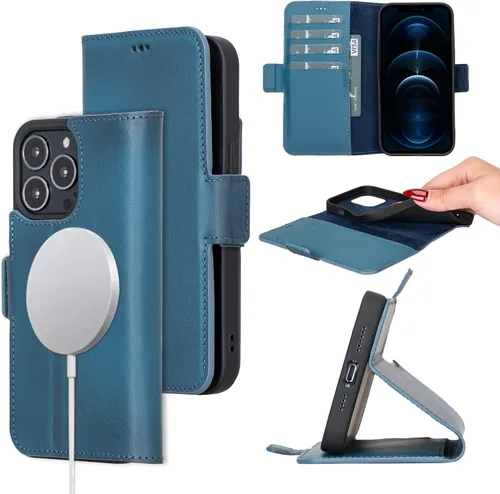 Miniatura 10 de Bayelon Funda para iPhone 13 Pro Max, funda de piel de grano completo, funda magnética con ranuras para tarjetas, función atril (bronceado rústico)