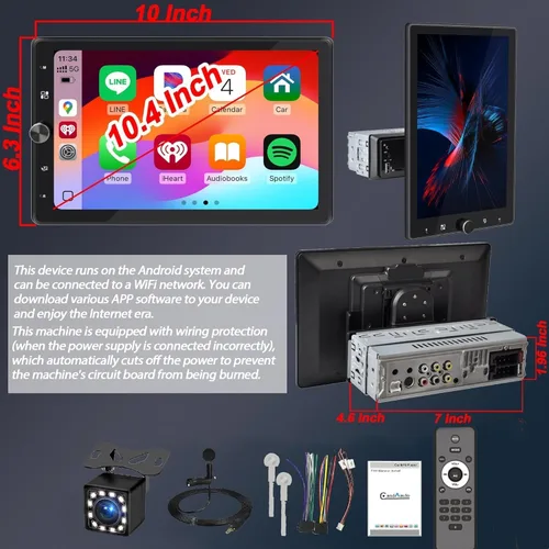 Miniatura 9 de Radio DIN única de 10.4 pulgadas inalámbrica Apple CarPlay con pantalla táctil IPS HD 1280 x 800 giratoria, radio para automóvil Android Auto