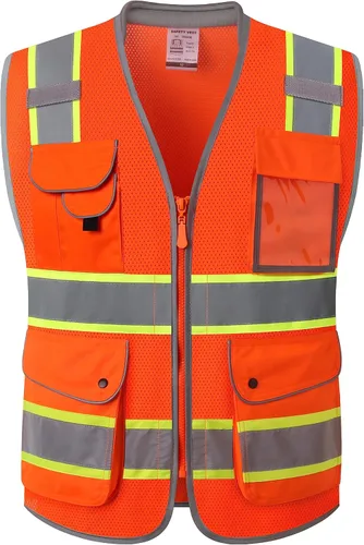 Miniatura 46 de JKSafety Chaleco de seguridad frontal con cremallera de alta visibilidad de 9 bolsillos de color dual MESH Lite Tira reflectante con ribete
