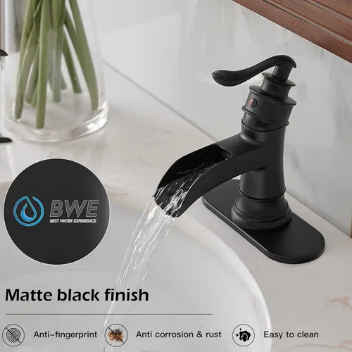 Miniatura 4 de BWE - Grifo de baño negro mate con cascada para lavabo, estilo granja, para tocador de baño, de un solo agujero, con una manija, mezclador