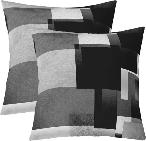 Miniatura 30 de Feelyou Juego de 4 fundas de almohada geométricas reversibles para exteriores de 16 x 16 pulgadas, diseño geométrico de rayas negras y grises, juego