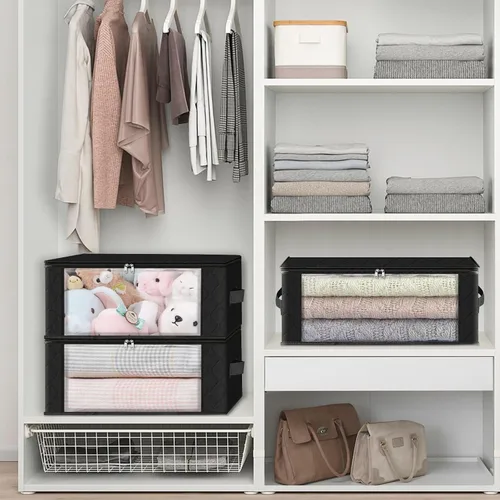 Miniatura 5 de HomeHacks Paquete de 3 bolsas organizadoras de ropa, caja de almacenamiento plegable con gran ventana transparente y asas resistentes para armario