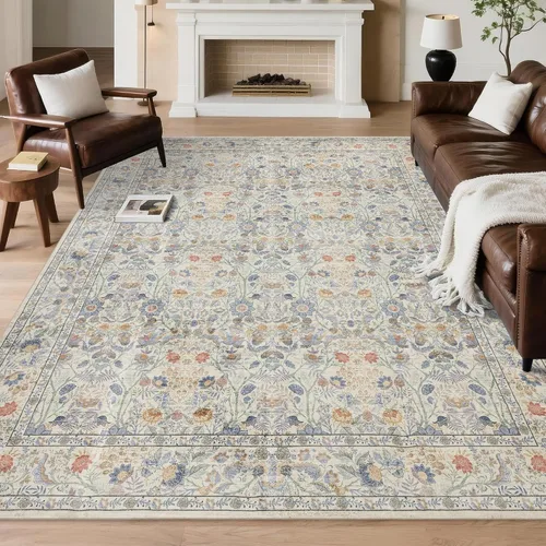 Alfombra lavable para sala de estar: 5x7 alfombra boho floral suave para decoración de recámara - alfombra vintage de pelo bajo y delgada para