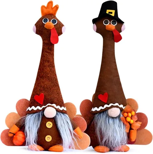 YuQi Gnomos de pavo de peluche para el día de Acción de Gracias, 2 piezas lindas hechas a mano de cosecha de cuello largo pavo gnomo sueco, adornos