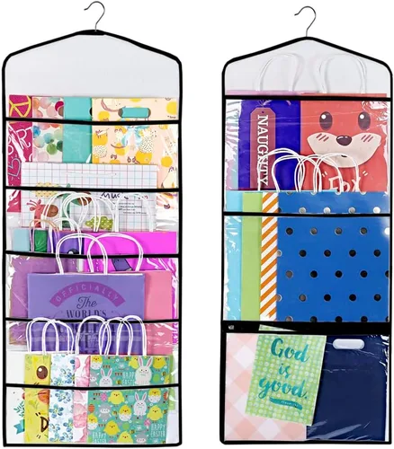 ProPik Organizador de almacenamiento colgante de doble cara para bolsas de regalo con múltiples bolsillos delanteros y traseros, organiza tu papel