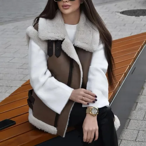 Miniatura 3 de APAFES Chaleco de gamuza de piel de invierno para mujer, cuello alto, sin mangas, forro polar