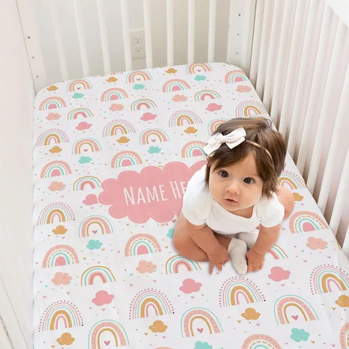 Miniatura 2 de Sábanas personalizadas para cuna de bebé arcoíris colorido con nombre, paquete personalizado y sábanas de juego para niñas bebés, sábanas de colchón