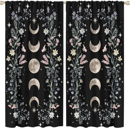 Cortinas Florales de Luna Flores Silvestres Fase Jardín Iluminado por la Luna Estética Boho Primavera Naturaleza Juego de Tratamiento de Ventana de