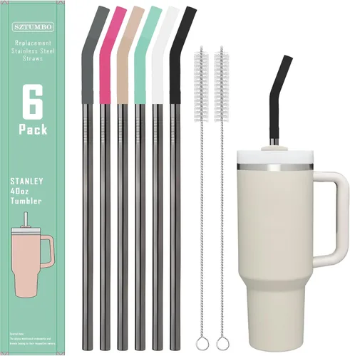 Miniatura 8 de 6 popotes rectos reutilizables de acero inoxidable de 12 pulgadas, con 6 puntas flexibles de silicona y 2 cepillos de limpieza, para vaso Stanley