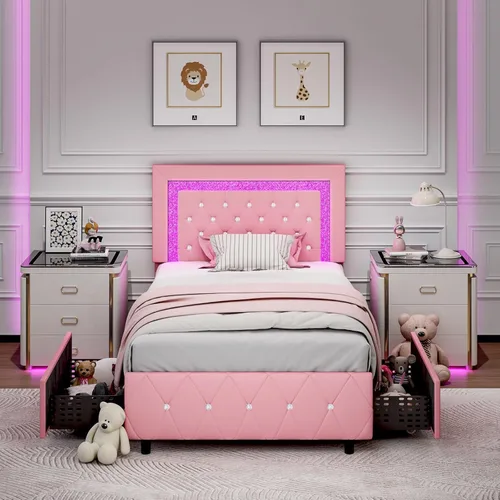 Miniatura 21 de Base de cama tamaño queen con luces LED, plataforma tapizada con cajones de almacenamiento, cama princesa con cabecera y cabecera de diamante,