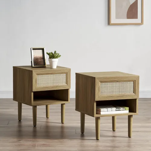 Miniatura 13 de Mopio - Mesita de noche Haylee de ratán, mesa auxiliar perfecta para sala de estar y dormitorio que complementa tu cama o sofá (carbón)