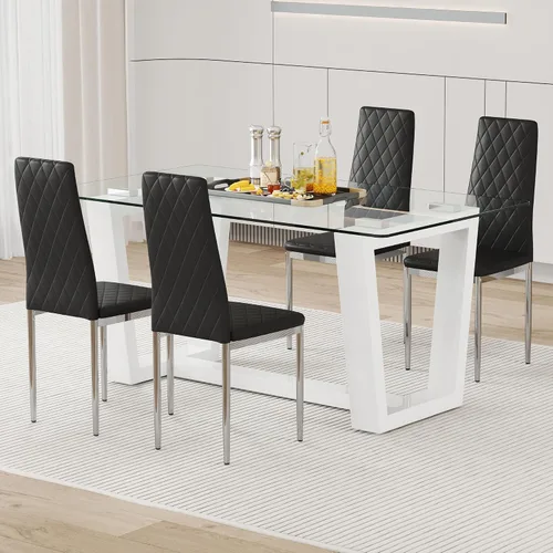 Miniatura 7 de Juego de 4 sillas de comedor modernas, de piel sintética negra, juego de 4, sillas tapizadas con respaldo alto con patas de metal plateado