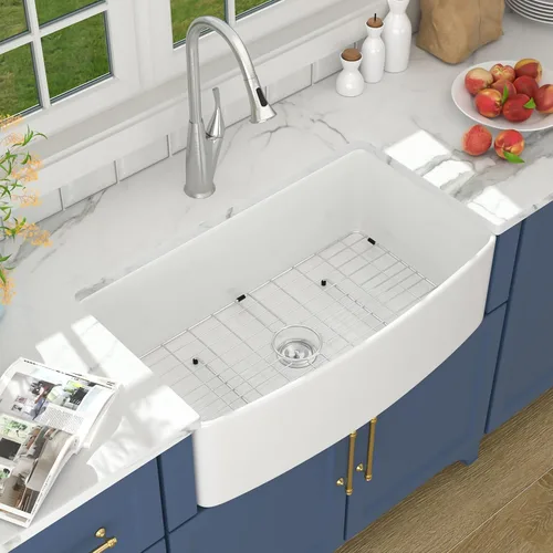 Miniatura 17 de Lordear Fregadero de Cocina Estilo Granja de 36 Pulgadas Blanco de Arcilla Refractaria Porcelana Cerámica Tazón Único Frente de Delantal Fregadero