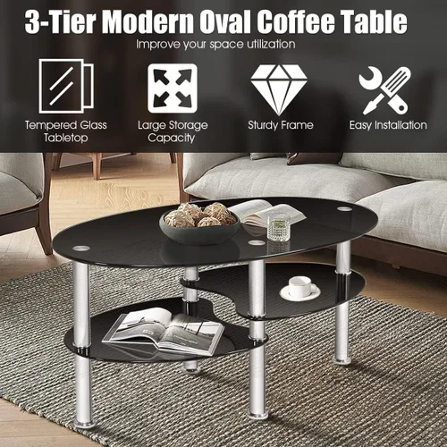 Miniatura 4 de POWERSTONE Mesa de centro ovalada negra de 3 niveles de vidrio templado, pequeña y moderna para oficina en casa, sala de estar, espacios pequeños