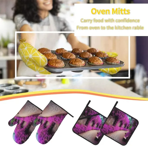 Miniatura 8 de Juego de guantes de horno y soportes para ollas con estampado floral morado, guantes de horno resistentes al calor y almohadillas calientes