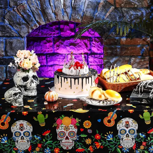 Miniatura 5 de Irenare Mantel de plástico con diseño de Día de los Muertos, diseño de calavera de azúcar, desechable, rectangular, para Halloween, cumpleaños Negro