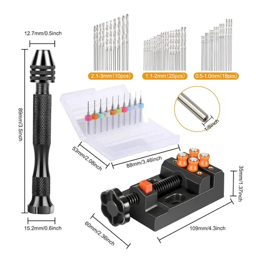 Miniatura 2 de Juego de 60 taladros manuales con tornillo de banco, micro mini brocas helicoidales, herramienta de tornillo de banco para resina y madera, joyería