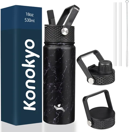 Miniatura 126 de Konokyo - Botella de agua aislada de 18 onzas, botellas deportivas de acero inoxidable con 3 tapas, verde militar