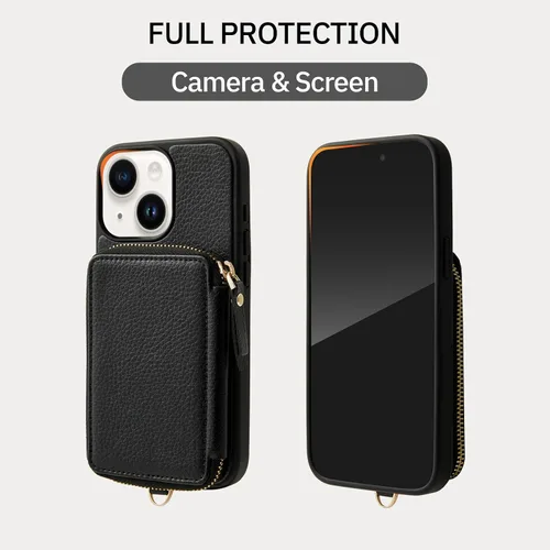 Miniatura 7 de ZVE Funda tipo cartera para iPhone 13 con pulsera, funda de cuero con cremallera con ranuras para tarjetas con bloqueo RFID tipo monedero, funda