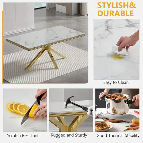 Miniatura 6 de Juego de mesa de comedor de mármol para 6, mesa de cocina rectangular de mármol blanco de 70 pulgadas con patas en X de acero inoxidable dorado