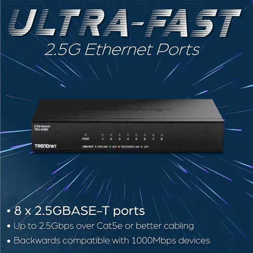 Miniatura 3 de TRENDnet Interruptor para juegos multiGigabit de 8 puertos y 2.5 Gb, TEG-S380, 8 puertos 2.5GBASE-T, capacidad de conmutación de 25 Gbps, divisor