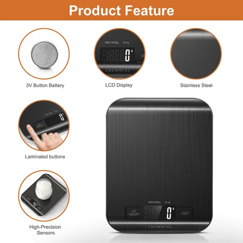 Miniatura 4 de CROWNFUL Báscula de Alimentos, Básculas Digitales de Cocina de 11 lb con Batería Tipo Moneda Integrada, Pesa en Onzas y Gramos para Cocinar y Negro