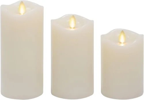 Miniatura 9 de Matchless Candle Co. de Luminara Juego de 3 (3" x 4.5", 5.5", 6.5") Vela sin llama LED parpadeante con pilas, llama móvil, pilar de cera, borde