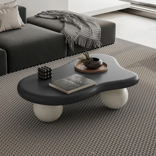 Miniatura 18 de Mesa de centro moderna de 35 pulgadas, con forma de pétalo, mesa de centro baja, linda mesa de té irregular para interiores con 3 patas de bola