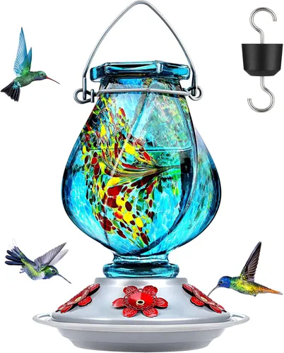 Miniatura 19 de BOLITE - Alimentador de colibríes, de vidrio soplado a mano, diseño torcido, para exteriores, con trampa para hormigas y cinco puertos de Azul
