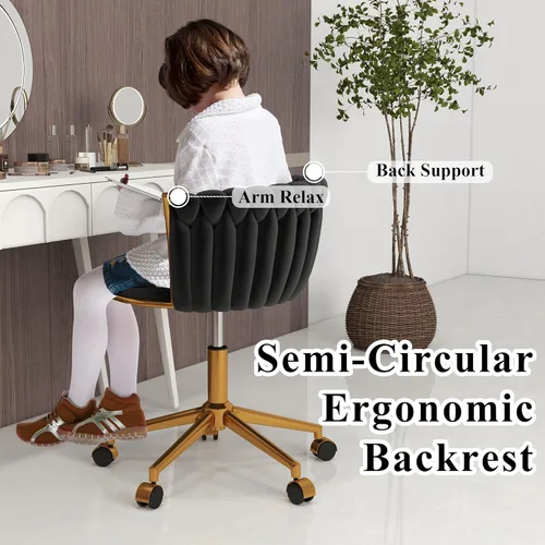 Miniatura 9 de ABET Silla de tocador con ruedas, pequeña silla de escritorio de terciopelo para oficina, taburetes de maquillaje semicirculares tejidos a mano