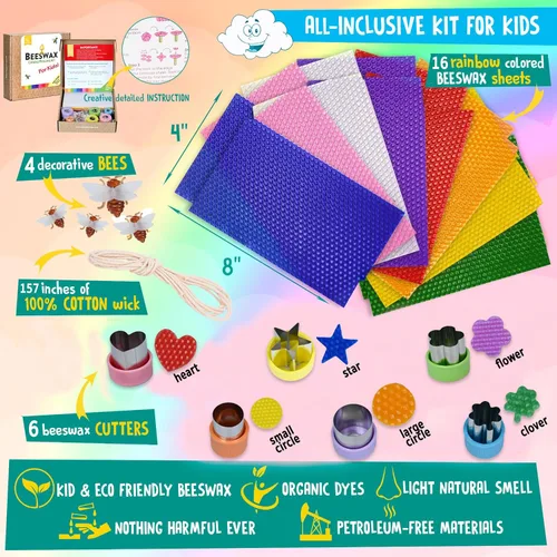 Miniatura 2 de Kit de fabricación de velas de cera de abeja para niños - 100% cera de abeja pura (16 hojas multicolor) Suministros de enrollado de velas DIY
