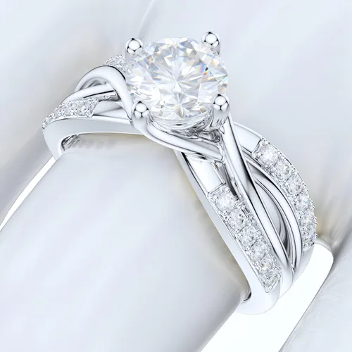 Miniatura 5 de Anillo de compromiso de plata de ley con diamantes redondos de talla brillante o moissanita genuina