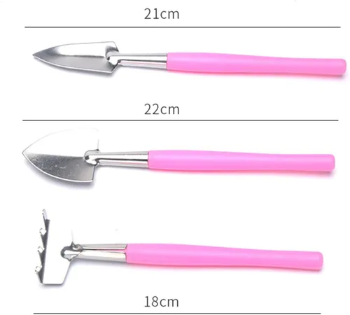Miniatura 2 de jojofuny Práctica mini herramienta de jardín, mango de plástico antideslizante rosa con pala de hierro y rastrillo para plantar macetas