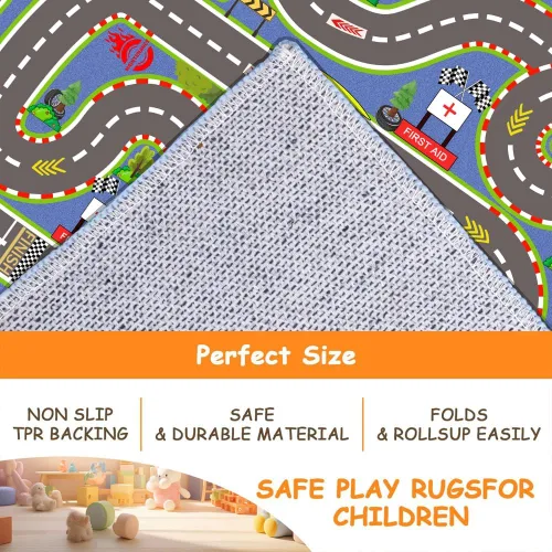 Miniatura 6 de Alfombra para Niños, Alfombras de Tapete de Juego de Pista de Carreras 47×31 pulgadas, Alfombra para Niños con Respaldo de Goma, Línea de Salida