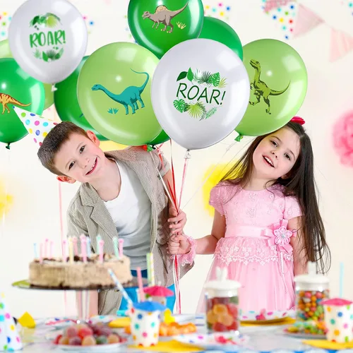 Miniatura 5 de Zomiboo 36 globos de dinosaurio de 12 pulgadas con estampado de dinosaurios para fiestas de cumpleaños de niños, látex de dinosaurio verde y blanco