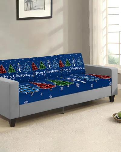 Miniatura 2 de Navy Blue Christmas Couch Cushion Covers, Stretch Sofa Cover with Elastic Bottom, Xmas Tree Winter Snowflake Sofa Slipcovers Protector Washable